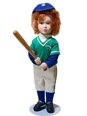 Avon Slugger #10 Baseball Softball Red Hair Porcelain Doll With Bat Uniform Vtg